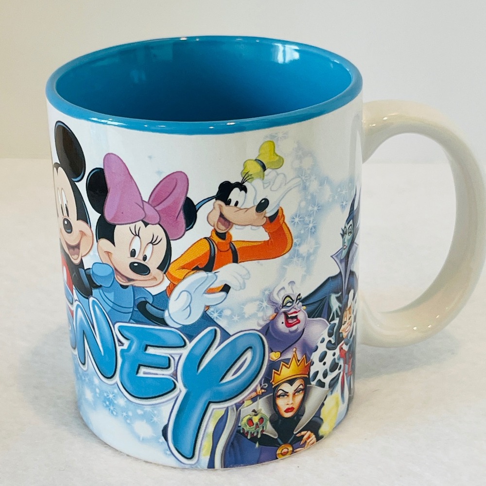 Disney Jerry Leigh Coffee Mug Mickey Princesses Villains Blue Interior Ceramic